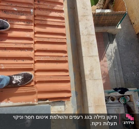 רגליים על גג רעפים אדומים עם קיר אבן בצד